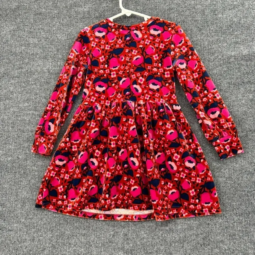 Cat & jack Girls Floral Velour Dress Size 5T Burnt Orange Pink Bow Pockets